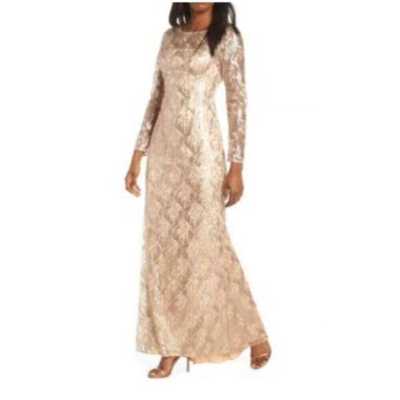 Eliza J Mother of The Bride Dress Size 2 Champagne Gold Lace Embellished Sheer - Picture 1 of 10